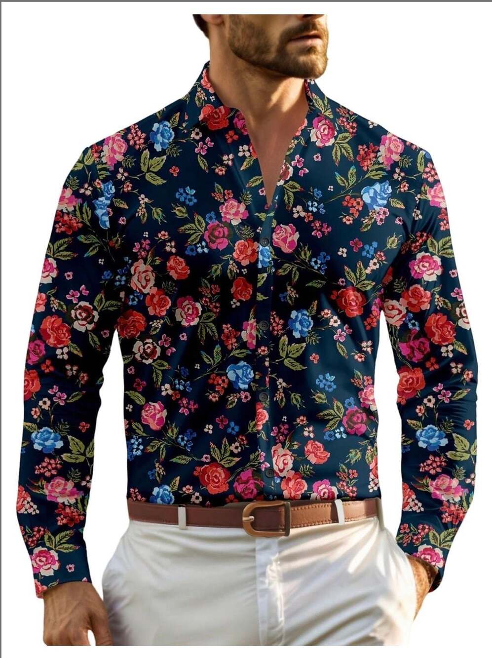 VIPWOLF Mens Floral Dress Shirt Blue Flower Long Sleeve Button Down Graphic XXL